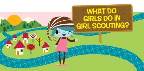 Graphic representing a girl scout to introduce what girls do in girl scouts