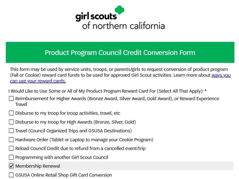 Screenshot of Product Program Council Credit Conversion Form 