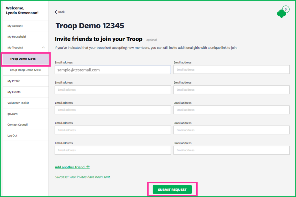 On the invite friends page, enter one email per line up to a maximum of 10 emails and then click 'submit request' at the bottom of the page.