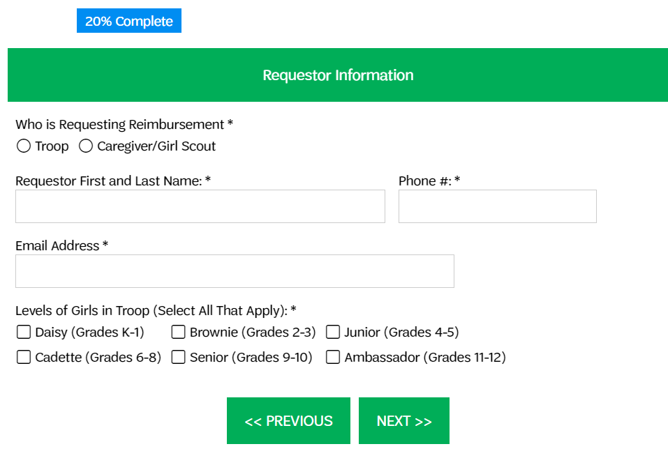 Screenshot of Requestor Information portion of form