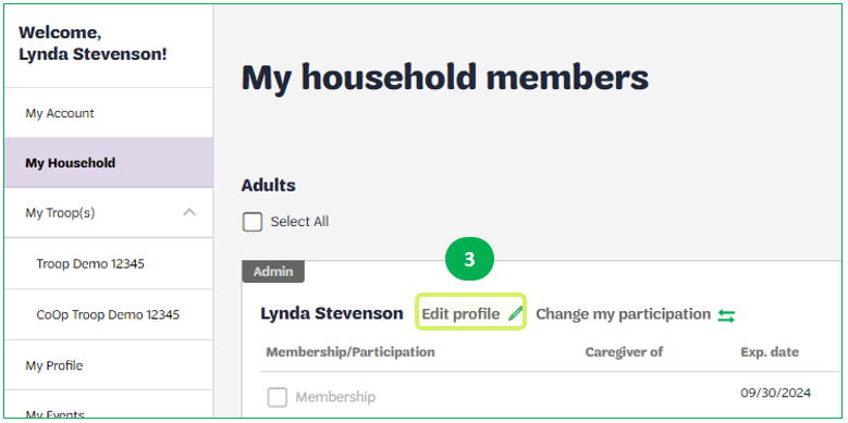 Screenshot showing where to go within a MyGS account to edit a household member's profile