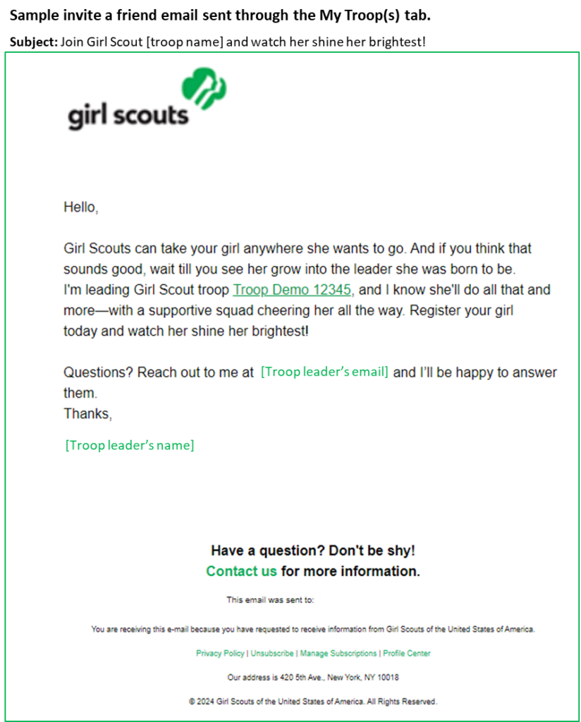 Sample emailed invitation to join a troop with the the subject line "Join Girl Scout [Troop Name] and watch her shine her brightest!"