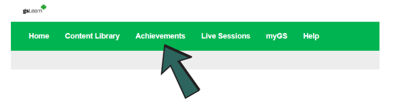 Image of a green arrow pointing to the Achievements tab in the middle of the title bar.  
