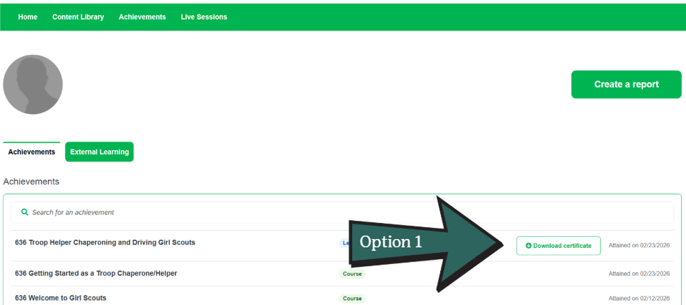 Image of a green arrow pointing to the download a certificate. 