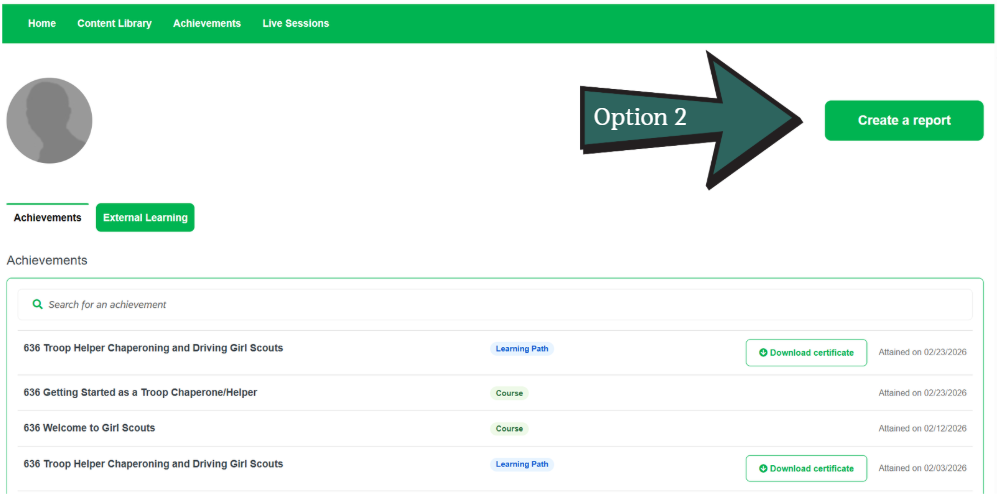 Image of green arrow pointing to create a report button. 